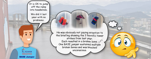 Trying to educate BASE jumpers how to prevent tower strikes at KL Tower